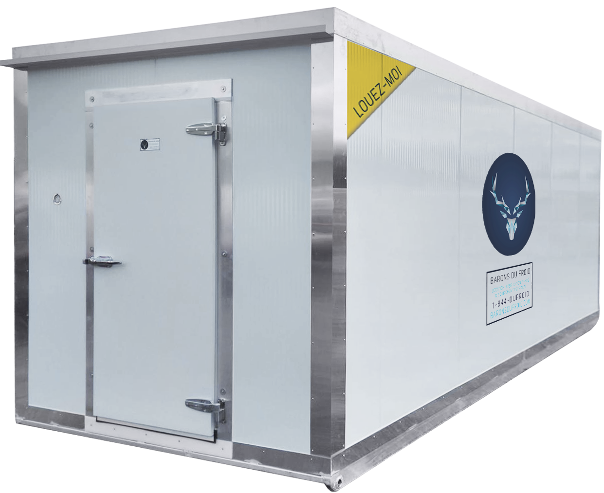 White cold room installed outdoors on an industrial site.