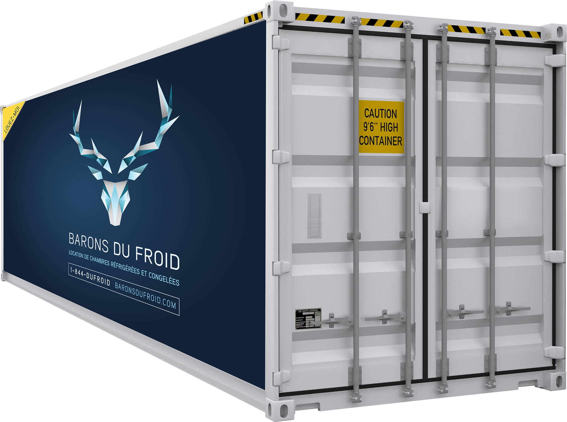 Large side-by-side refrigerated containers in Barons du Froid colors