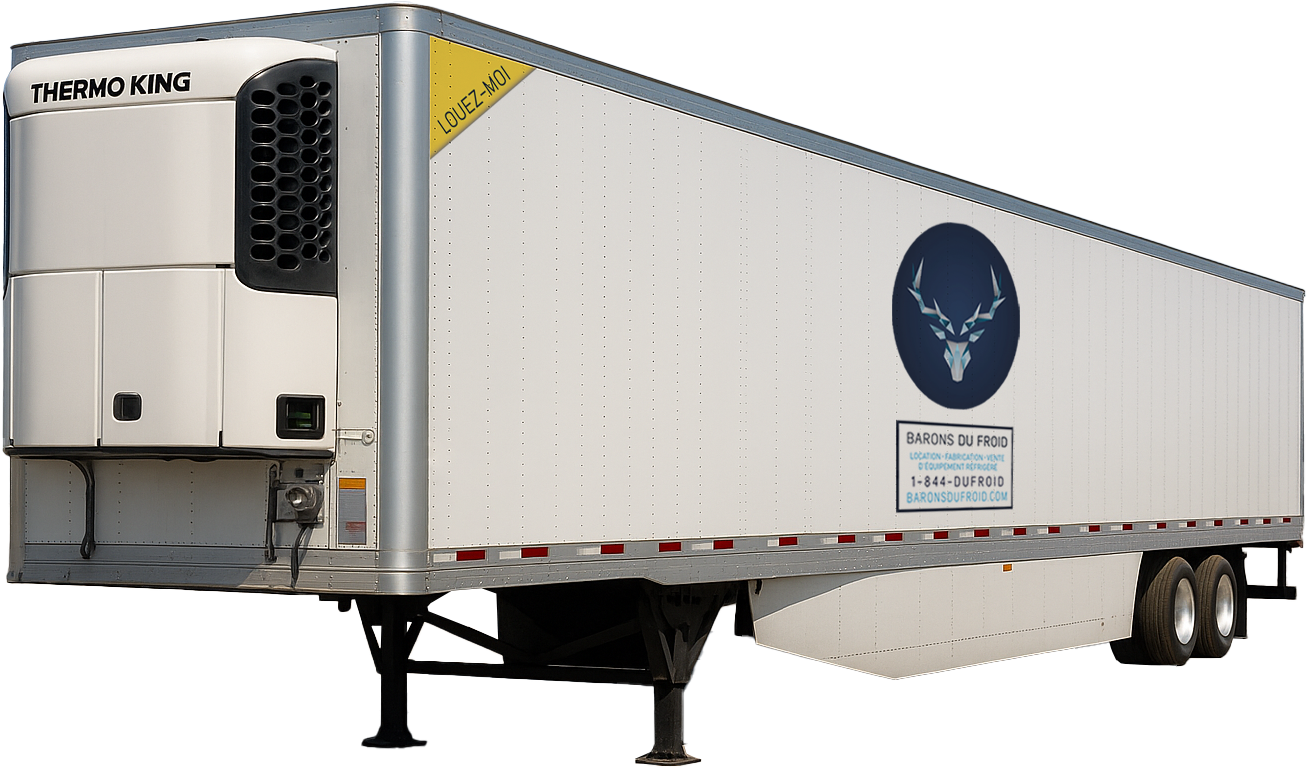 Thermo King reefer trailer with Barons du Froid logo and contact details on the side.