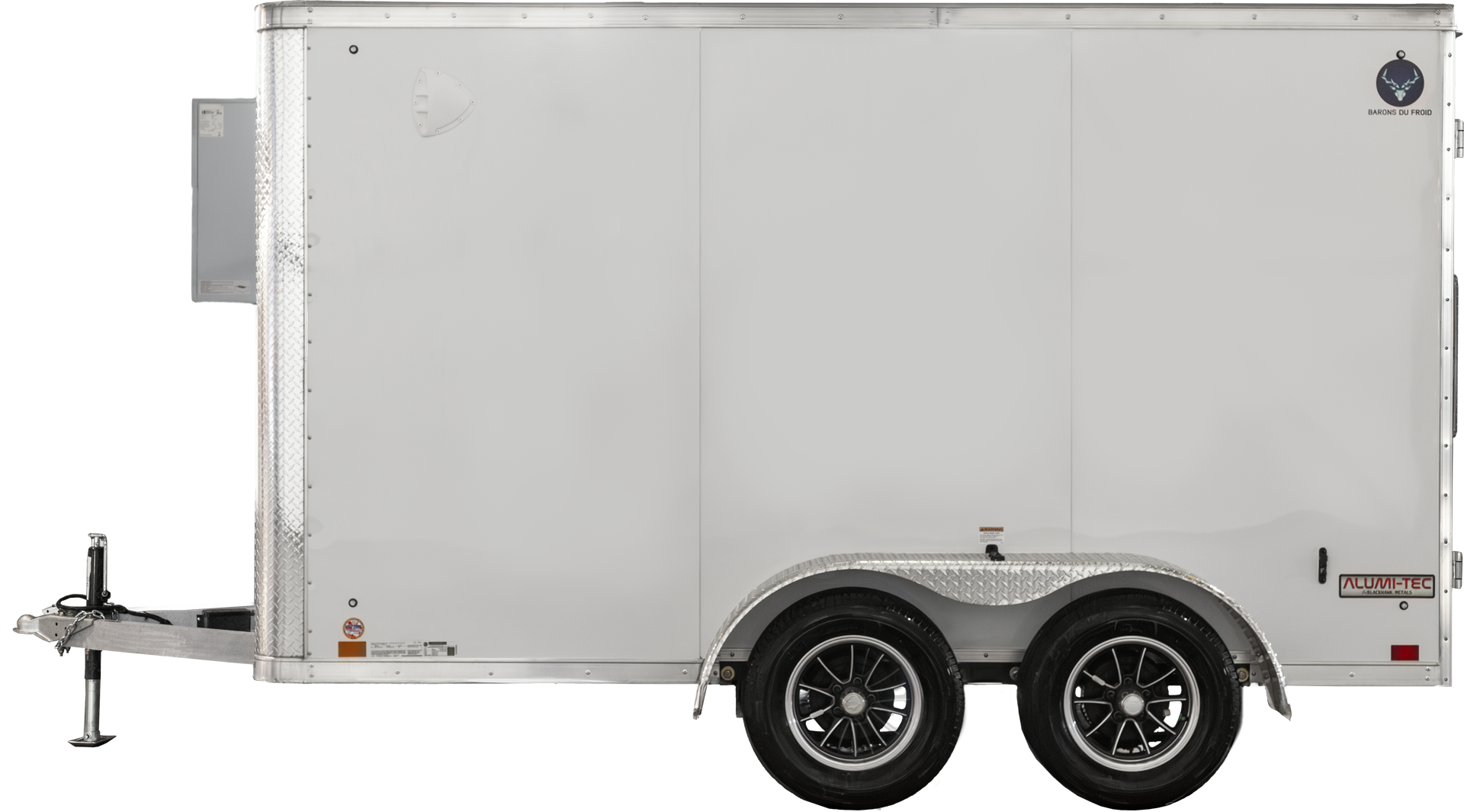 Driver side view of white refrigerated trailer with visible cooling unit.