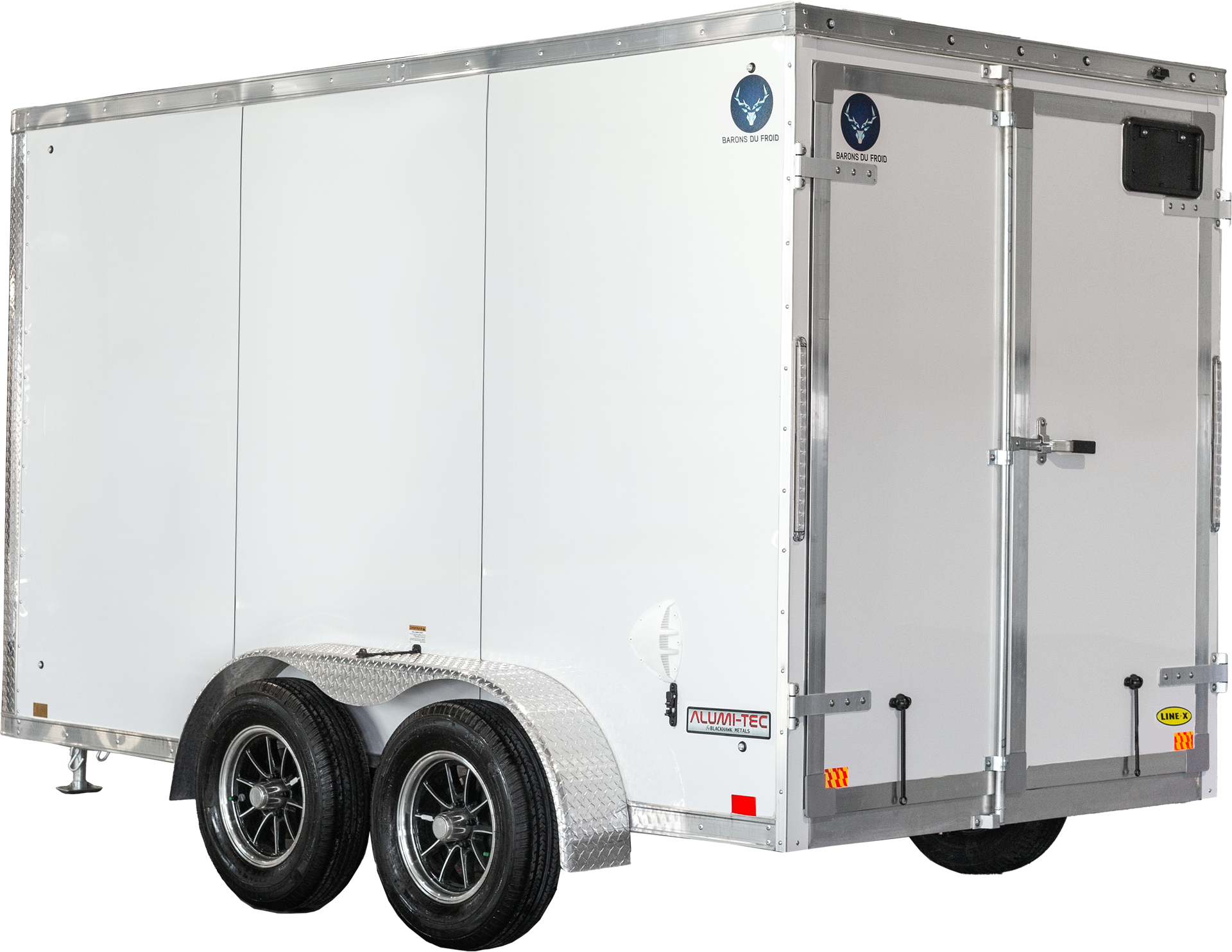 Angled rear-left view of white refrigerated trailer with double wheels.