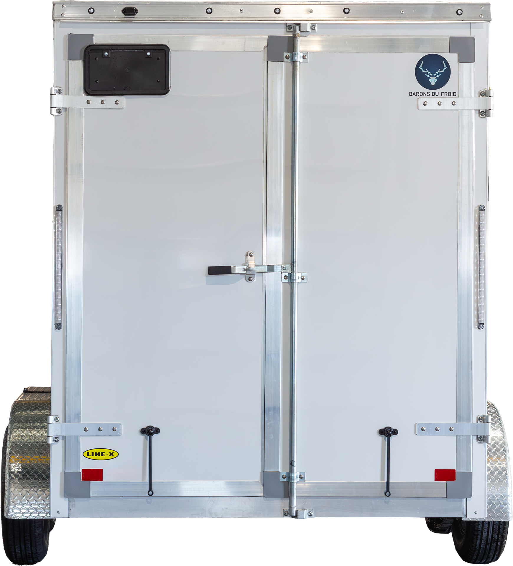 Back view of white refrigerated trailer with double doors.