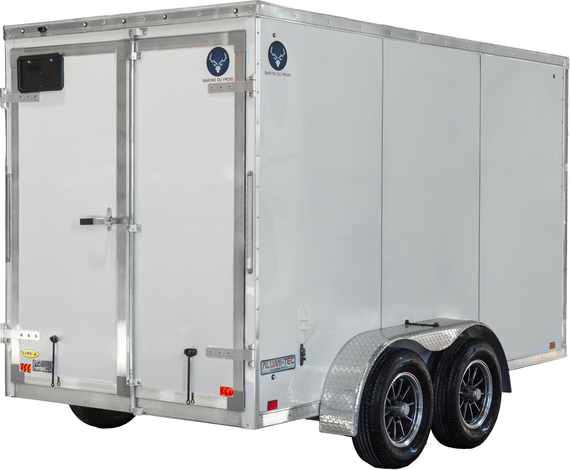 Rear angle view of white trailer with double doors and dual axles.