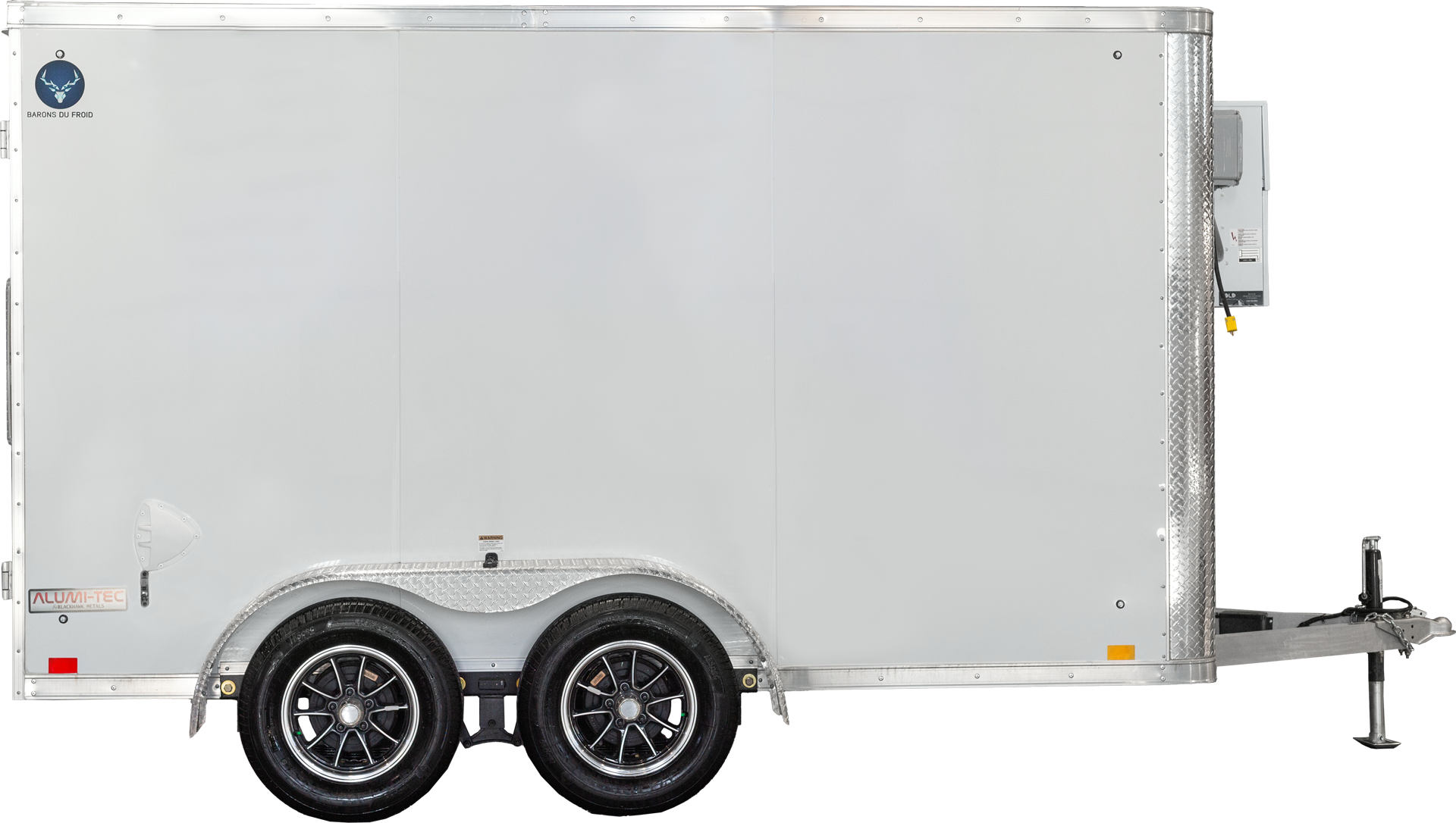 Side profile of white refrigerated trailer with double wheels.