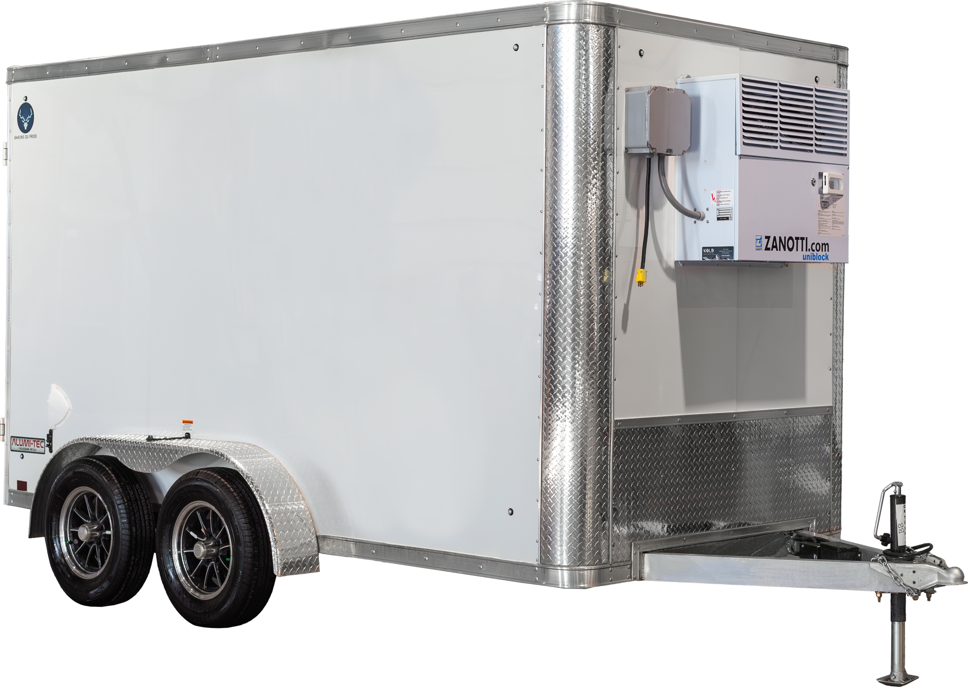 White refrigerated trailer with Zanotti unit, angled front-right view.