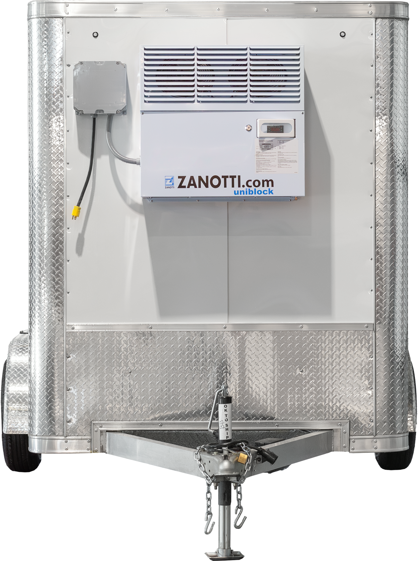 Front view of white refrigerated trailer with Zanotti cooling unit.