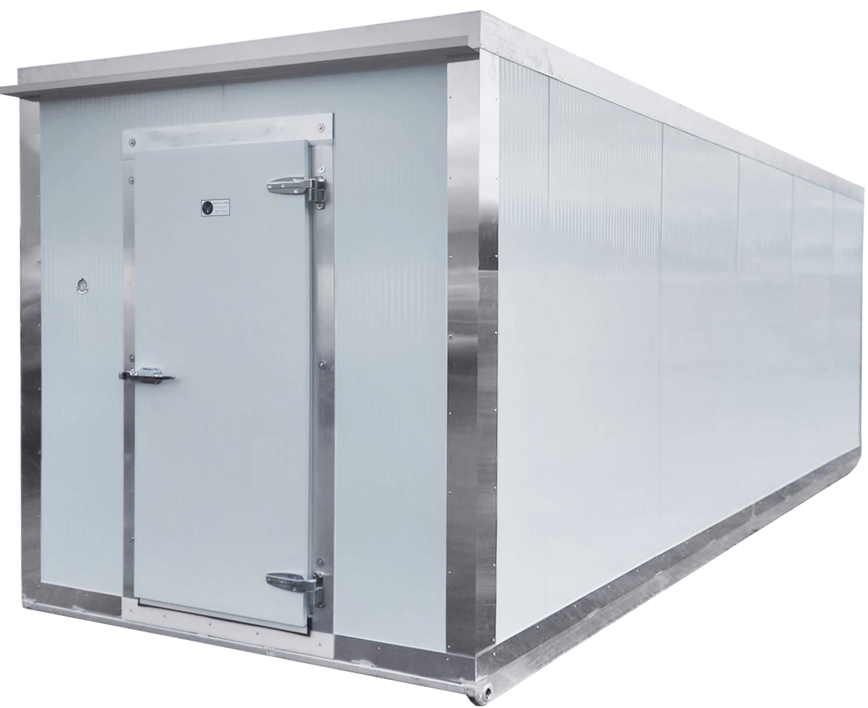 Large white walk-in cooler with a front door and stainless steel trim.