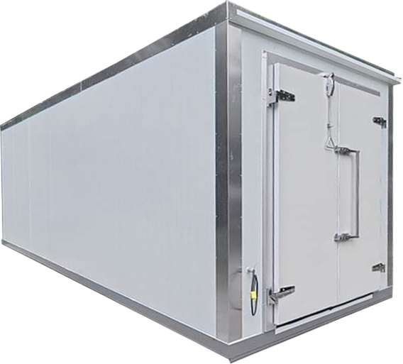Long white walk-in freezer with double doors and metal latches at the back.