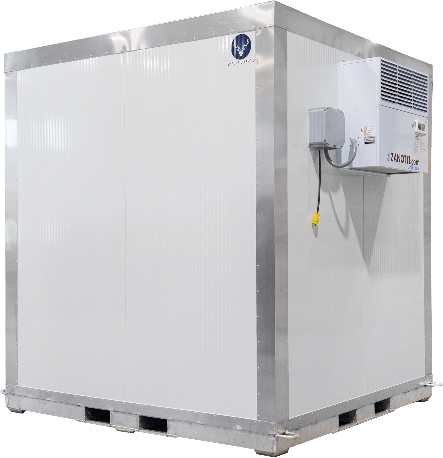Front view of white walk-in cooler with closed insulated door.