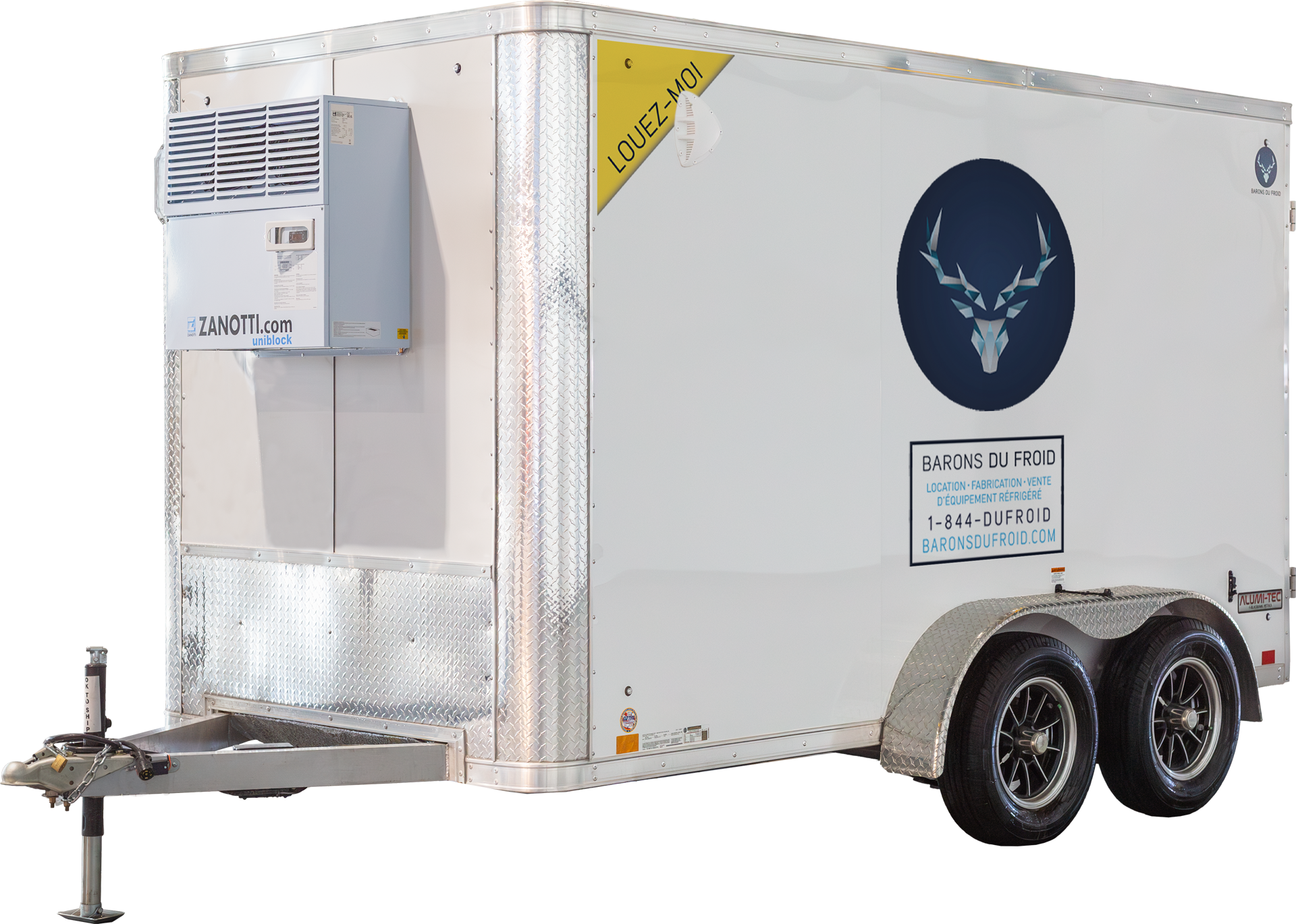 RemorqueAchat1_LOUEZ_compressed White refrigerated trailer with Barons du Froid logo, contact number, and Zanotti cooling unit.