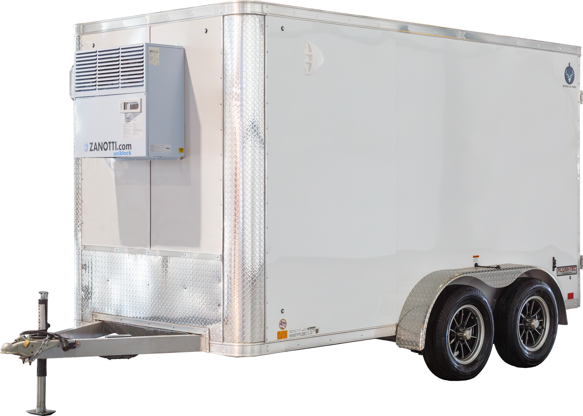 RemorqueAchat1_compressed White refrigerated trailer with Zanotti unit, side view with dual axles.