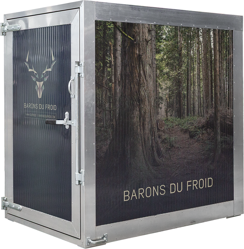 Refrigeration unit with forest visual and Barons du Froid logo
