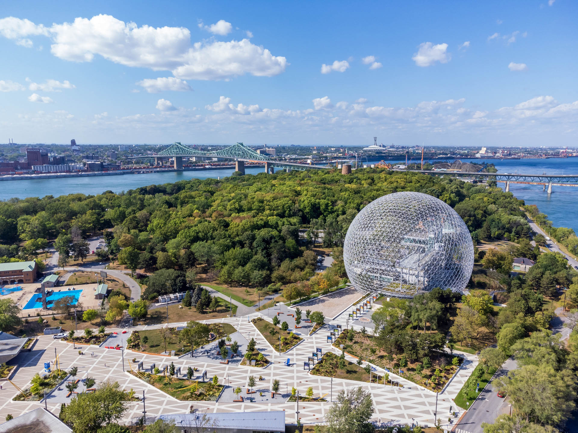 Aerial view of the Biosphere on Sainte-Hélène Island in Montreal